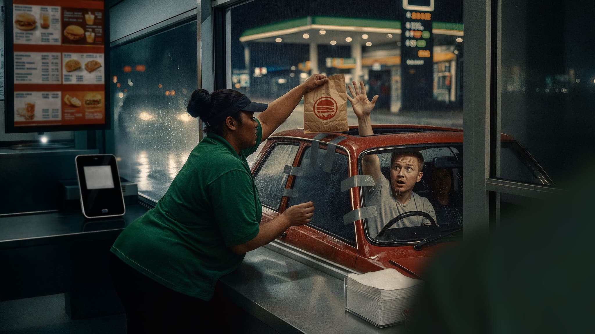 Man in a red car with a taped-up sunroof looking shocked while taking food at a rainy drive-thru window.